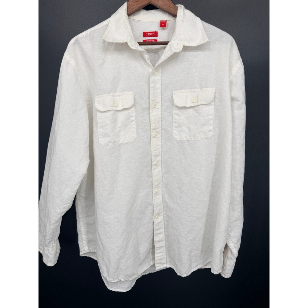 IZOD Button Up Shirt Mens L White Good Island Linen Blend Long Sleeve Pocket